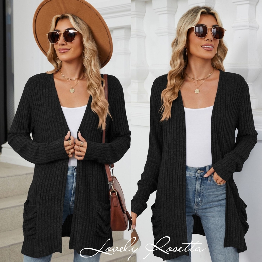 Gray Ribbed Open Front Cardigan - Picture 8 of 10